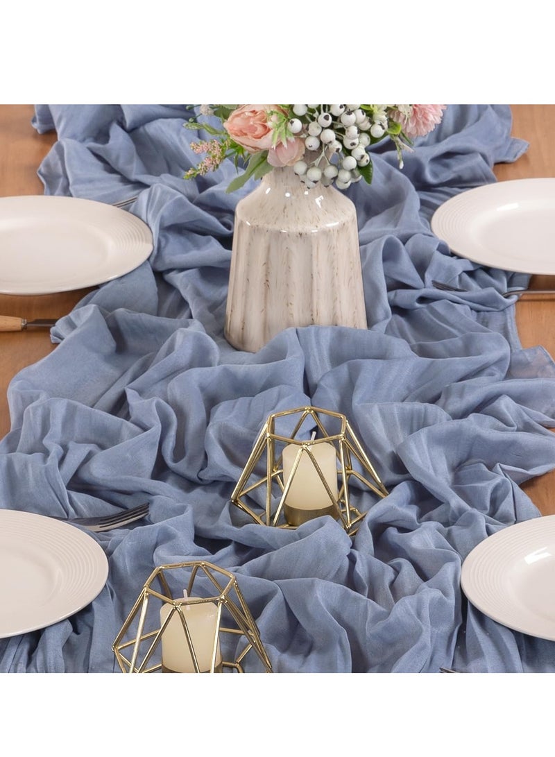 FLYROAD Gray Blue Spring and Summer Coarse Cotton Table Runner Bohemian Country Gauze 90*300cm Coarse Cotton Table Runner Suitable for Wedding Party Baby Baptism Birthday Home Decoration Holiday Decoration - Image 2