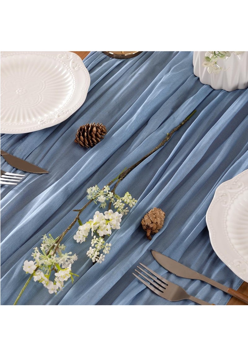 FLYROAD Gray Blue Spring and Summer Coarse Cotton Table Runner Bohemian Country Gauze 90*300cm Coarse Cotton Table Runner Suitable for Wedding Party Baby Baptism Birthday Home Decoration Holiday Decoration - Image 5