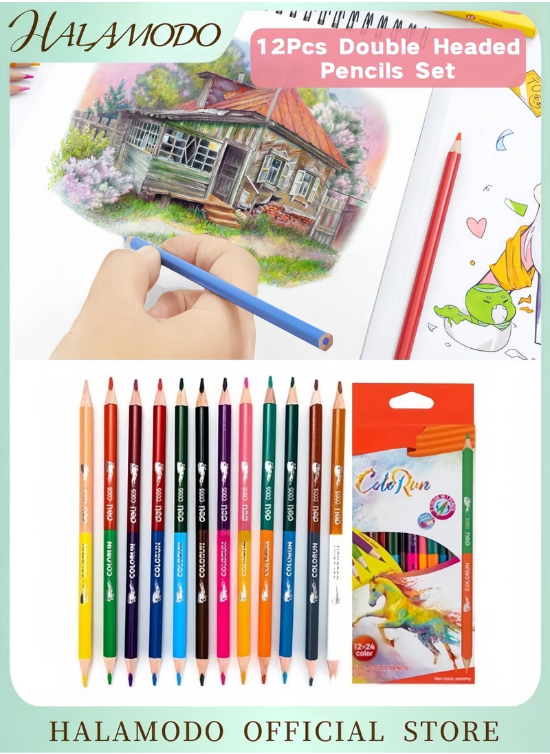 HALAMODO 12-Piece Dual-Ended Colored Pencils Set with 24 Vibrant Shades Premium Basswood Pencils with Triangular Ergonomic Design for Smooth Coloring Sketching & Artistic Creations  - Image 1