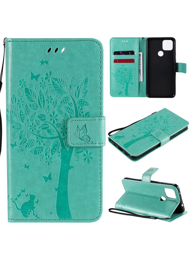 زبون جراب لهاتف Google Pixel 4a 5G / Pixel 5 XL، جراب جلدي أفقي قابل للطي بنقشة شجرة وقط مع حامل وفتحات للبطاقات ومحفظة وحبل تثبيت - Image 1
