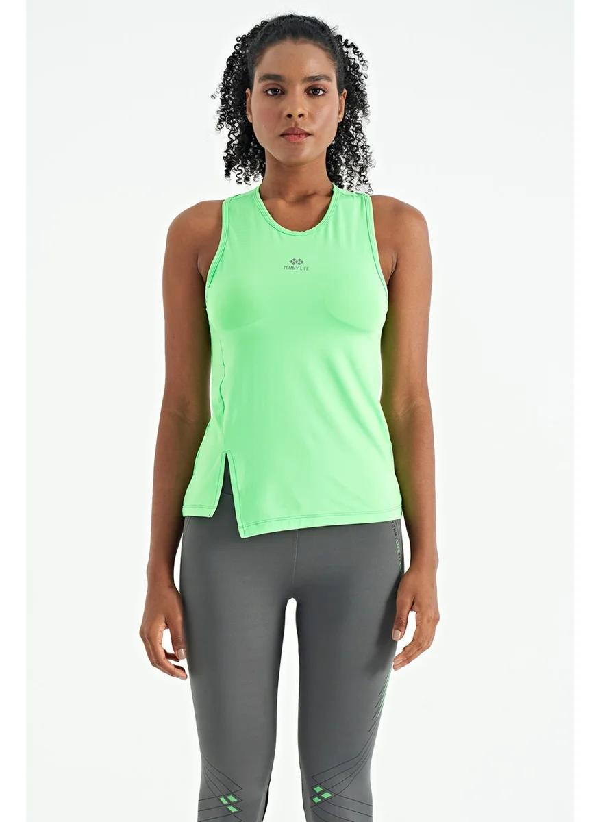 Tommy Life Neon Green Slit Detailed O Neck Zero Sleeve Standard Pattern Women's Sports Undershirt - 97256