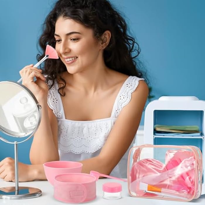LemonRoad 34 Pcs Esthetician Facial Supplies Set, Facial Mask Bowl and Spatula Hairbands Brushes Clear Powder 20g Storage Jars Measuring Spoons Compressed Sponges Cosmetic Bag with Zipper (Pink) - Image 4
