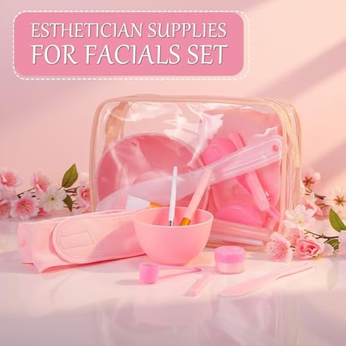 LemonRoad 34 Pcs Esthetician Facial Supplies Set, Facial Mask Bowl and Spatula Hairbands Brushes Clear Powder 20g Storage Jars Measuring Spoons Compressed Sponges Cosmetic Bag with Zipper (Pink) - Image 3