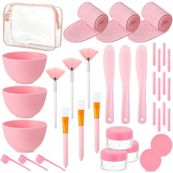 LemonRoad 34 Pcs Esthetician Facial Supplies Set, Facial Mask Bowl and Spatula Hairbands Brushes Clear Powder 20g Storage Jars Measuring Spoons Compressed Sponges Cosmetic Bag with Zipper (Pink) - Image 1