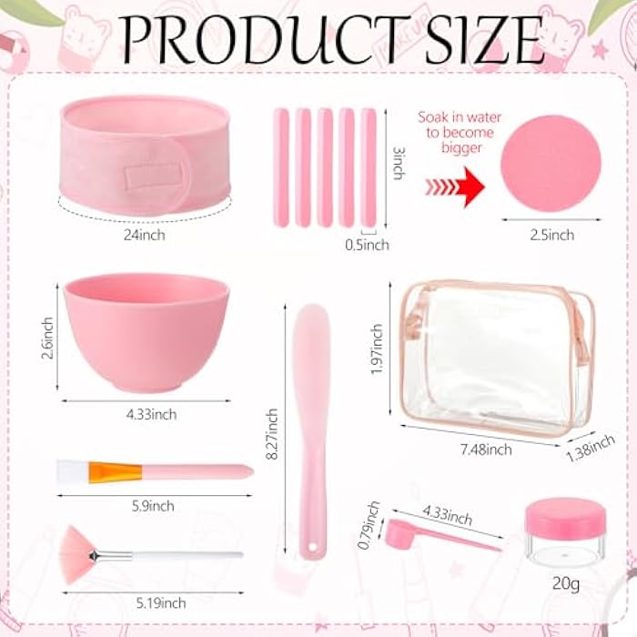 LemonRoad 34 Pcs Esthetician Facial Supplies Set, Facial Mask Bowl and Spatula Hairbands Brushes Clear Powder 20g Storage Jars Measuring Spoons Compressed Sponges Cosmetic Bag with Zipper (Pink) - Image 2