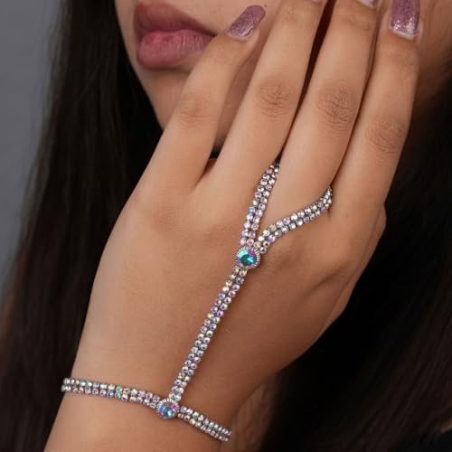VAMA FASHIONS Crystal Stone Silver Hand Bracelet Without Finger Ring Link Chain Bridal Diamond Hathphool Hath Panja Hand Harness for Women & Girls (2 Line Hathphool For Bride) - Image 5