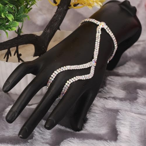 VAMA FASHIONS Crystal Stone Silver Hand Bracelet Without Finger Ring Link Chain Bridal Diamond Hathphool Hath Panja Hand Harness for Women & Girls (2 Line Hathphool For Bride) - Image 4