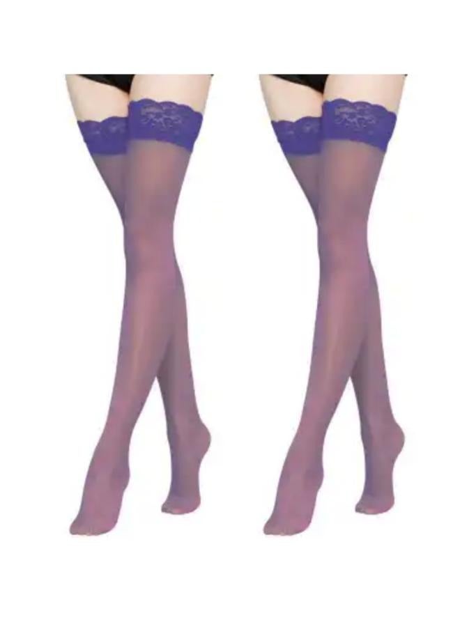 EasyLife 2 Pairs Thigh High Stockings Women's Lace Top Stay Up Silk Semi Sheer Pantyhose for Women - Image 1