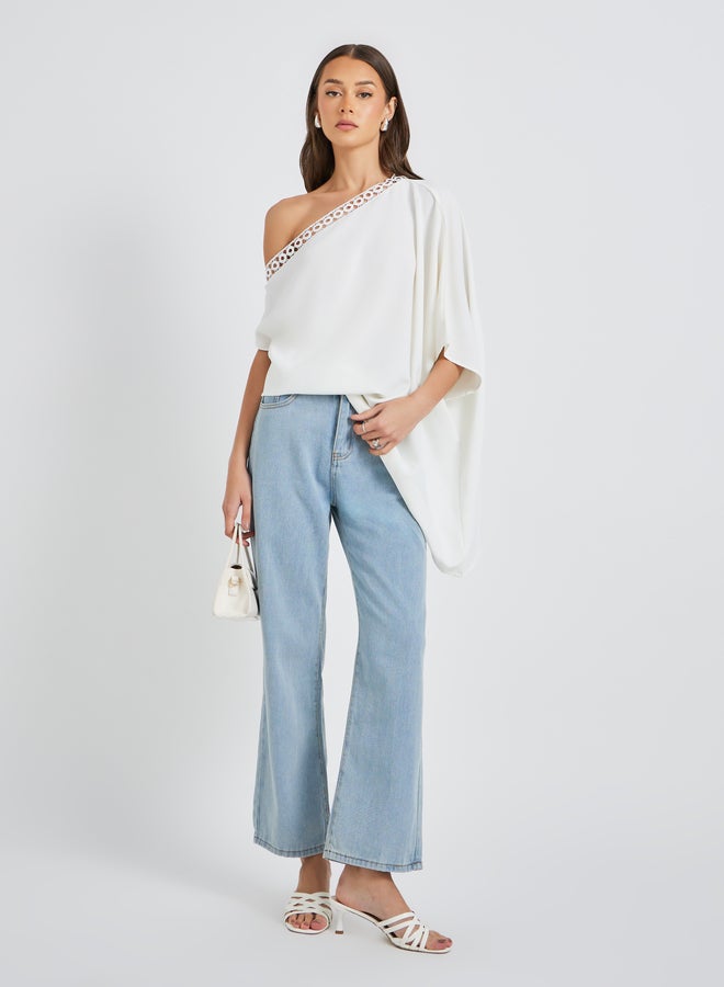 Take Two Solid One Shoulder Lace Trim Batwing Sleeve Blouse  - Image 2