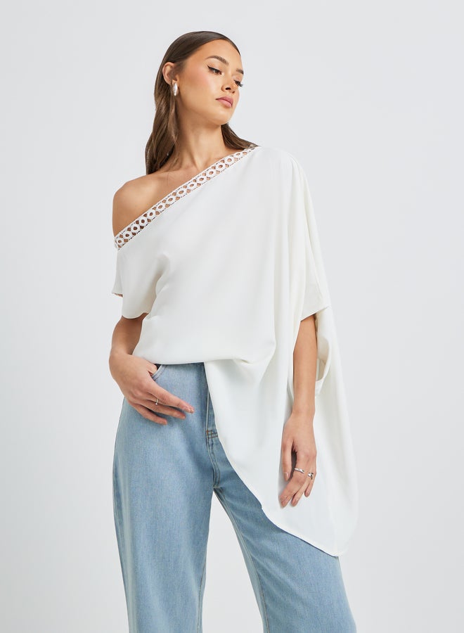 Take Two Solid One Shoulder Lace Trim Batwing Sleeve Blouse  - Image 3