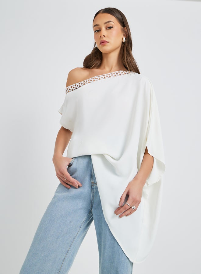 Take Two Solid One Shoulder Lace Trim Batwing Sleeve Blouse  - Image 1