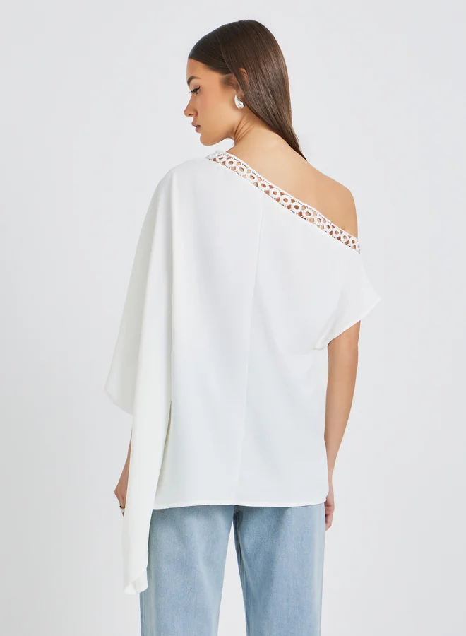 Take Two Solid One Shoulder Lace Trim Batwing Sleeve Blouse