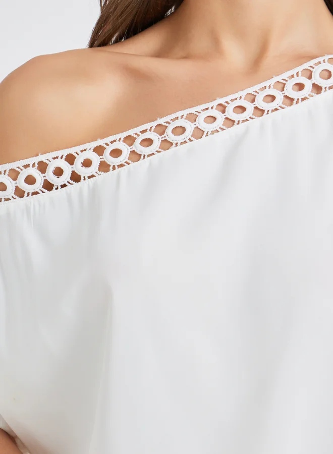 Take Two Solid One Shoulder Lace Trim Batwing Sleeve Blouse