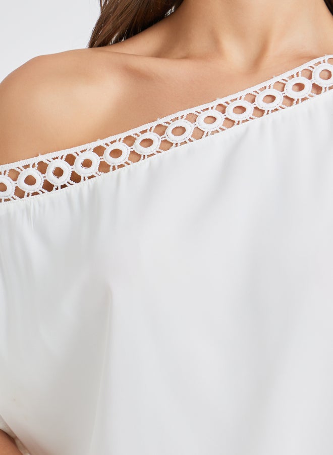 Take Two Solid One Shoulder Lace Trim Batwing Sleeve Blouse  - Image 5