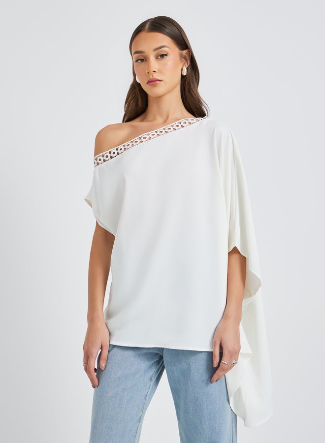 Take Two Solid One Shoulder Lace Trim Batwing Sleeve Blouse  - Image 4