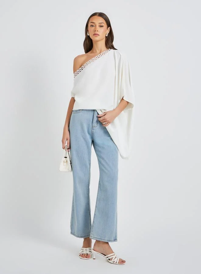 Take Two Solid One Shoulder Lace Trim Batwing Sleeve Blouse