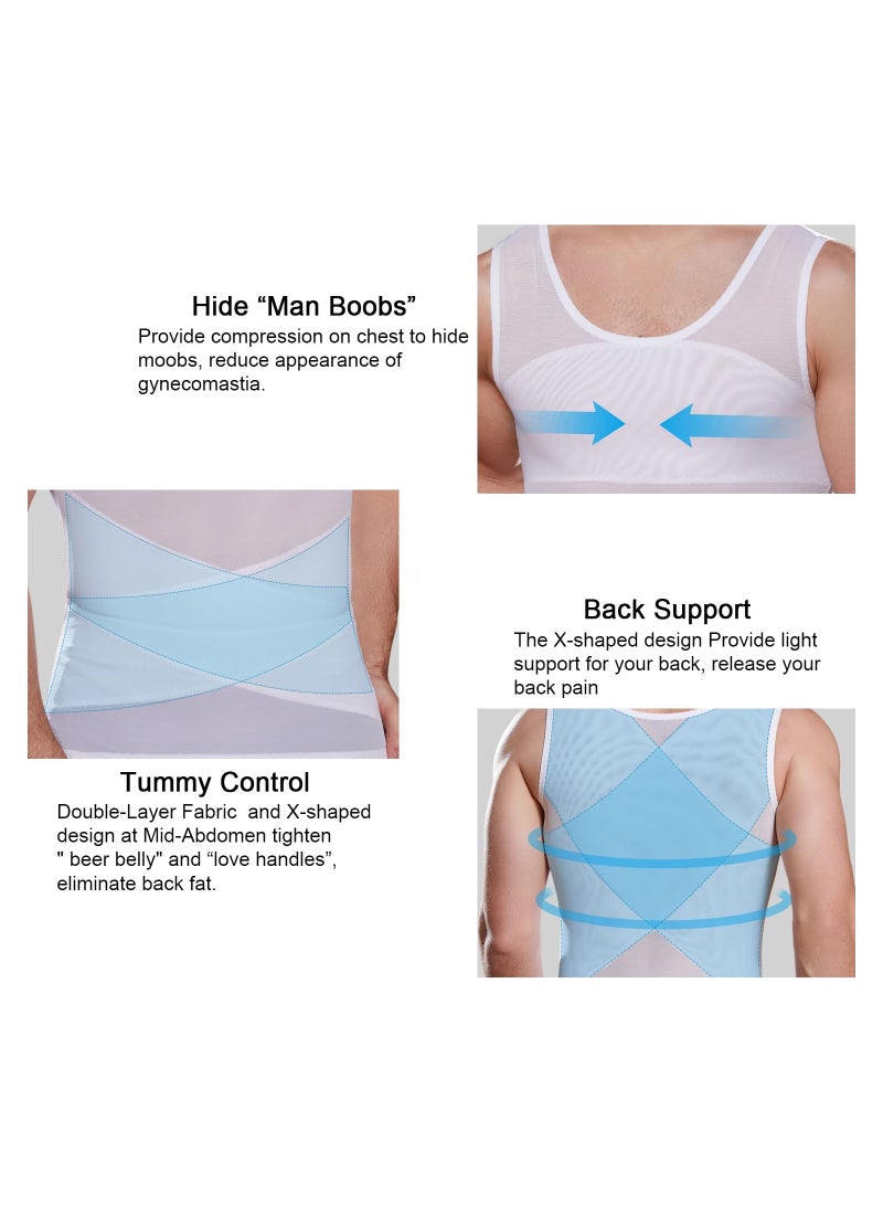 KASTWAVE Compression Shirts for Men Slimming, Workout Mesh Tank Top Undershirts Shapewear Tight Tummy Underwear, Sleeveless Slimming Vest Men, White - 2XL Size - Image 3