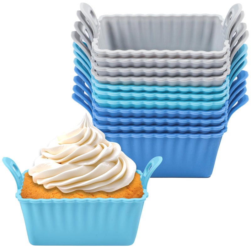 Koluti Nonstick Silicone Muffin Baking Cups Pack of 12, Reusable Cupcake Molds with Double Handle, BPA Free, Mini Rectangle Air Fryer Cupcakes Liner, 3 Colors - Image 1