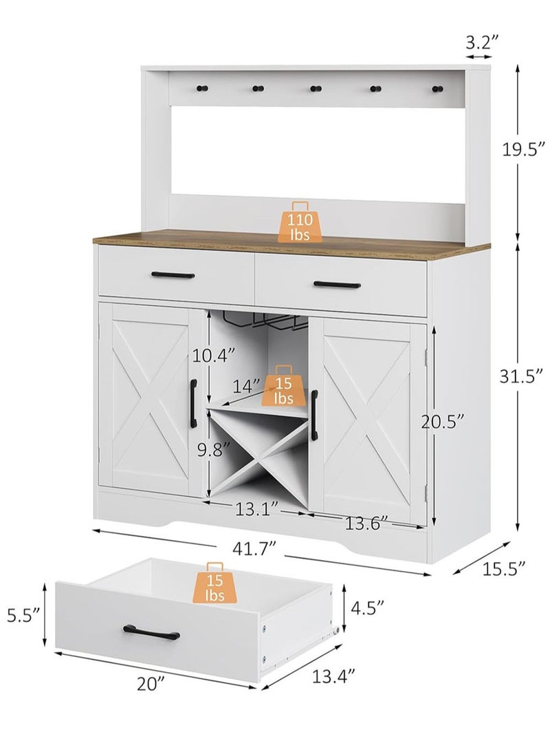 AGD Multipurpose Sideboard and Buffet Table for Kitchen and Living Room, Kitchen and Dining Room Console Cabinet, Large Kitchen Storage Cabinet with 2 Drawers, 2 Cabinets, 2 Shelves and High Hanging Shelf 106*40*130cm White  - Image 2