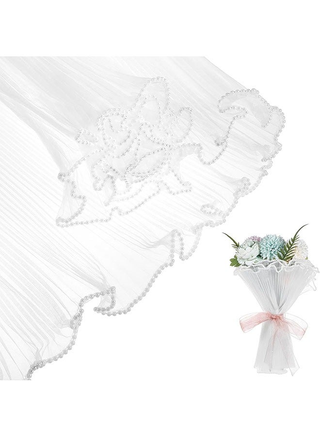 ZVEV Flower Wrapping Paper White Pearl Mesh for Bouquets, Pearl Edge Wrinkle Bouquet Wrapping Paper Ruffle Yarn Translucent Wavy Net Floral Packaging Paper for Valentine's Day Mother's Day 4 Yards - Image 1