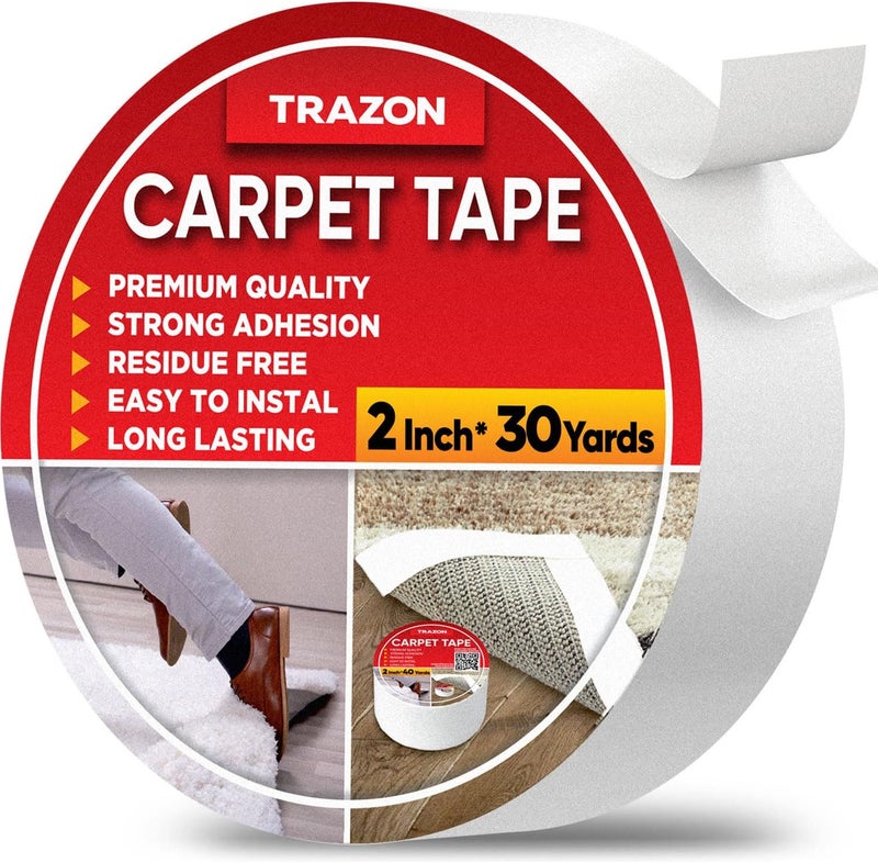 Trazon Carpet Tape Double Sided - Rug Tape Grippers for Hardwood Floors and Area Rugs - Carpet Binding Tape Strong Adhesive and Removable, Heavy Duty Stickers Tape, Residue Free (2 Inch / 30 Yards) - Image 1