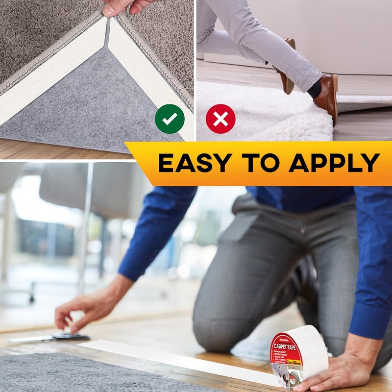Trazon Carpet Tape Double Sided - Rug Tape Grippers for Hardwood Floors and Area Rugs - Carpet Binding Tape Strong Adhesive and Removable, Heavy Duty Stickers Tape, Residue Free (2 Inch / 30 Yards) - Image 3