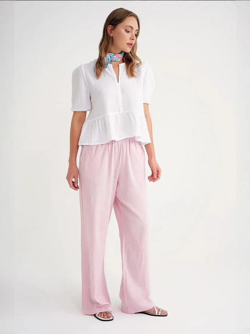 MixRay Mixray Textured Muslin Crew Neck Blouse with Button Closure