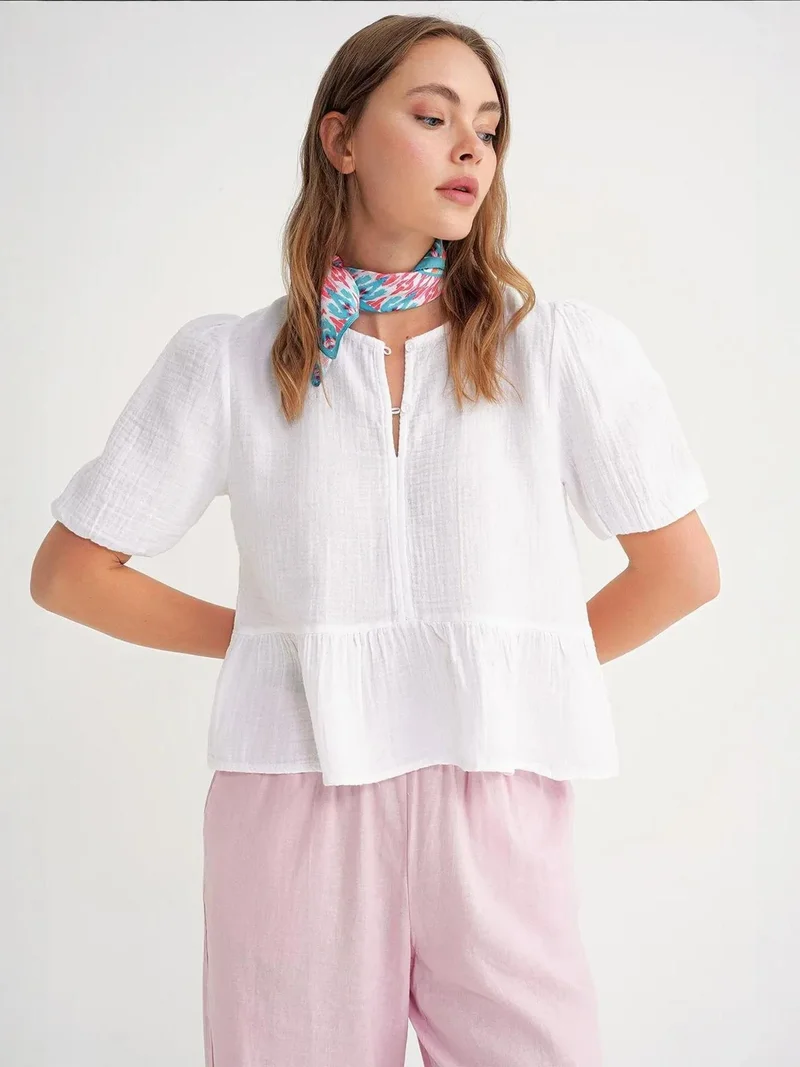 MixRay Mixray Textured Muslin Crew Neck Blouse with Button Closure