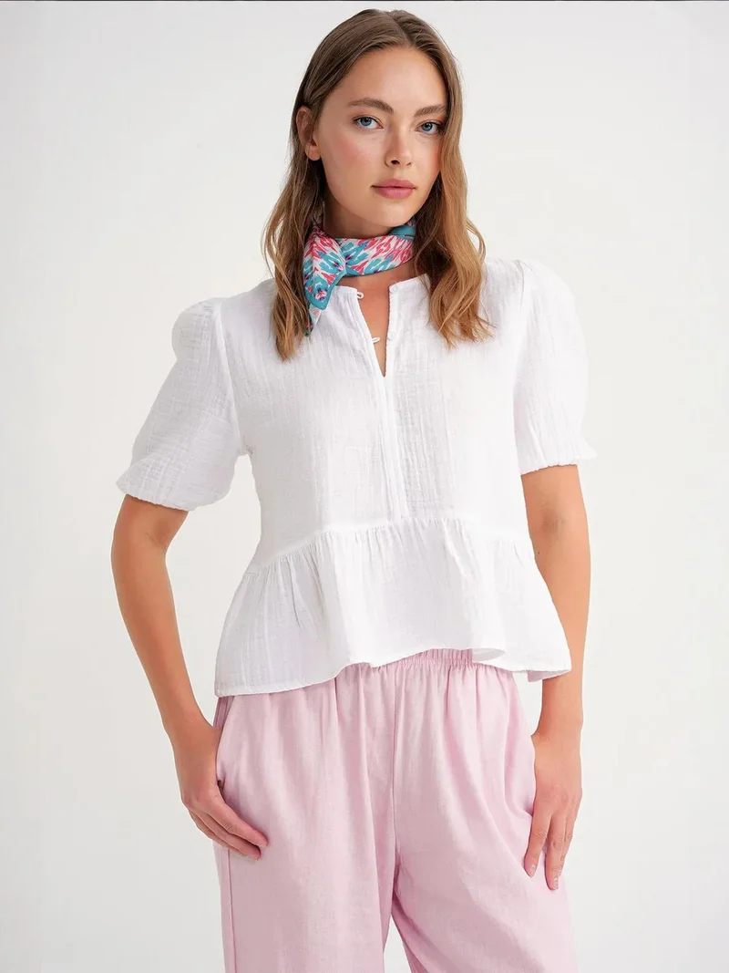 MixRay White Mixray Textured Muslin Crew Neck Blouse with Button Closure for Women | Best Price UAE