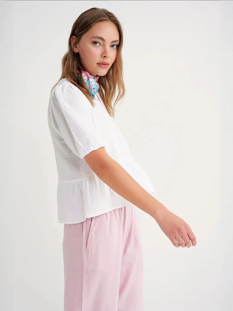 MixRay White Mixray Textured Muslin Crew Neck Blouse with Button Closure for Women | Best Price UAE