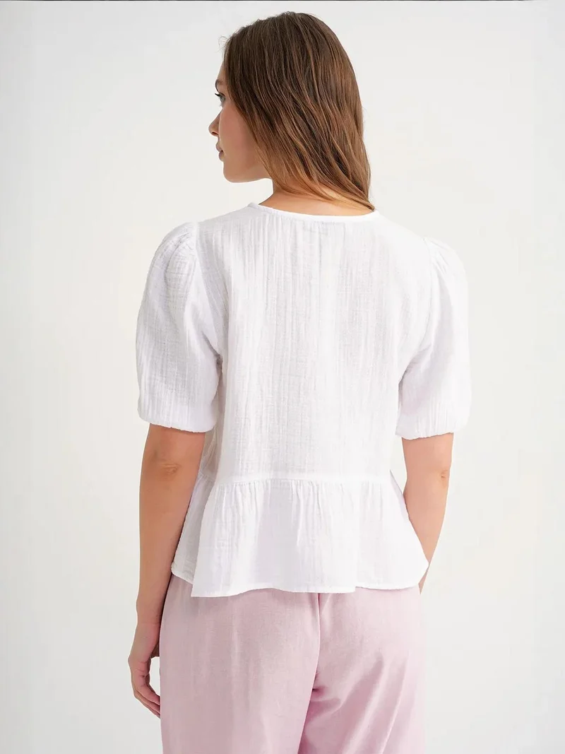 MixRay White Mixray Textured Muslin Crew Neck Blouse with Button Closure for Women | Best Price UAE