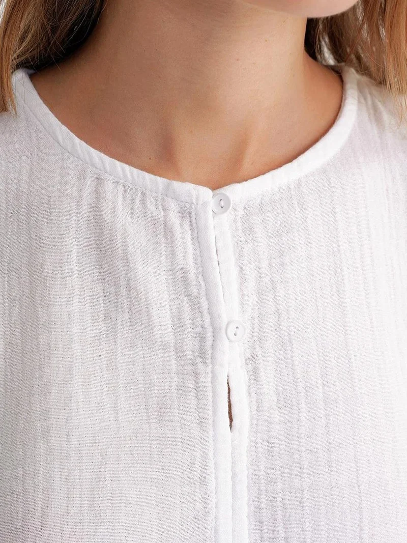MixRay White Mixray Textured Muslin Crew Neck Blouse with Button Closure for Women | Best Price UAE