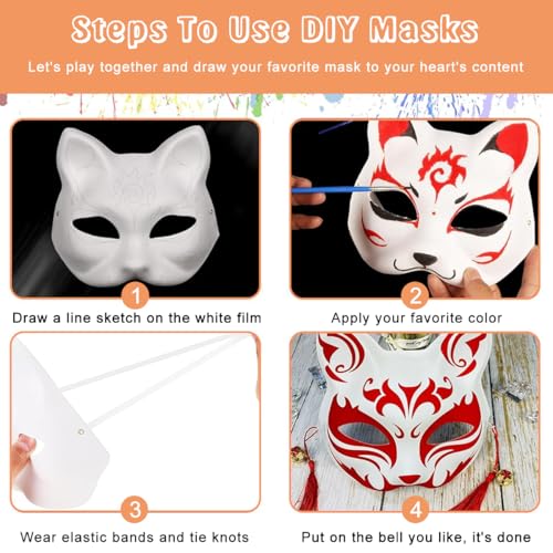 PATPAT® 5pcs Fox Mask, Blank DIY Halloween White Graffiti Fox Cat Masks Graffiti Masquerade Mask Halloween DIY Face Mask with Acrylic Paints, Brush Pens, Tassle Charms & Sakura Bell Charms - Image 4