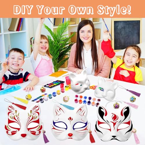 PATPAT® 5pcs Fox Mask, Blank DIY Halloween White Graffiti Fox Cat Masks Graffiti Masquerade Mask Halloween DIY Face Mask with Acrylic Paints, Brush Pens, Tassle Charms & Sakura Bell Charms - Image 5