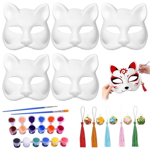 PATPAT® 5pcs Fox Mask, Blank DIY Halloween White Graffiti Fox Cat Masks Graffiti Masquerade Mask Halloween DIY Face Mask with Acrylic Paints, Brush Pens, Tassle Charms & Sakura Bell Charms - Image 1