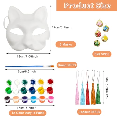 PATPAT® 5pcs Fox Mask, Blank DIY Halloween White Graffiti Fox Cat Masks Graffiti Masquerade Mask Halloween DIY Face Mask with Acrylic Paints, Brush Pens, Tassle Charms & Sakura Bell Charms - Image 2