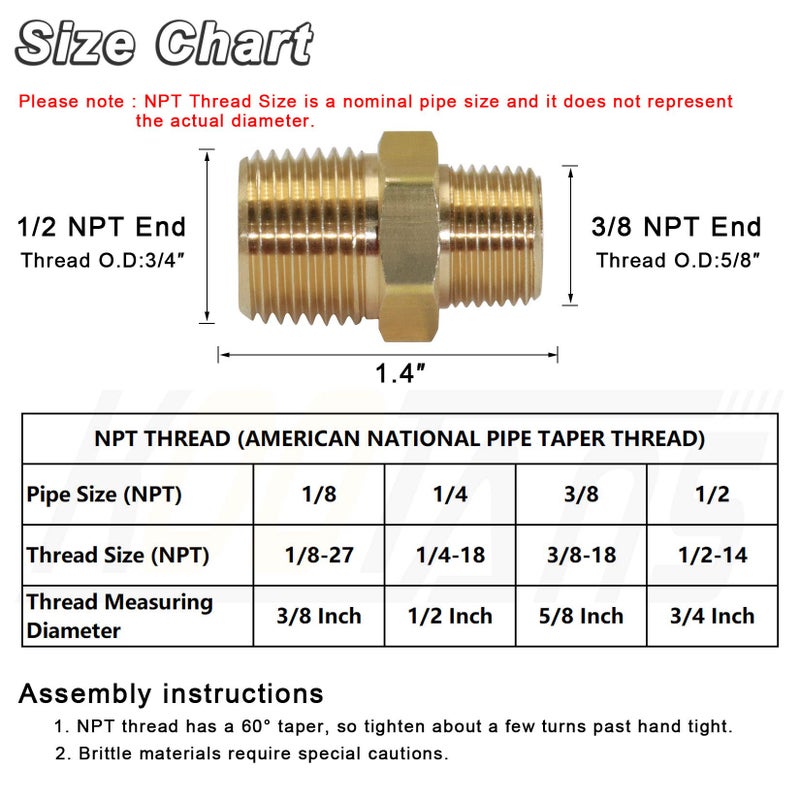 KOOTANS 1/2 NPT x 3/8 NPT Male Solid Brass Hex Nipples, Heavy Brass Pipe Adapter Fittings Reducing Nipple Connectors 4Pieces - Image 2