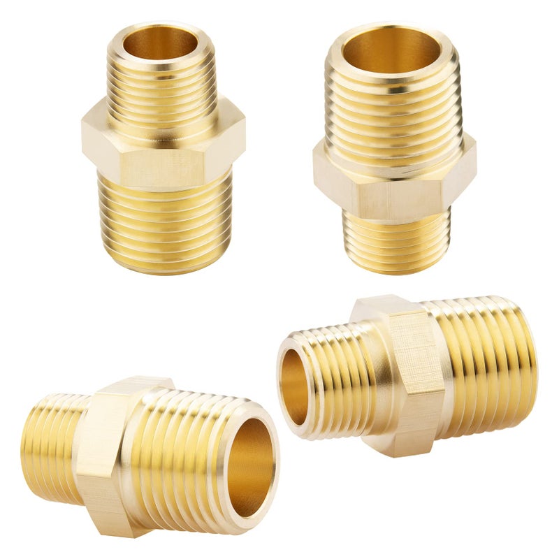 KOOTANS 1/2 NPT x 3/8 NPT Male Solid Brass Hex Nipples, Heavy Brass Pipe Adapter Fittings Reducing Nipple Connectors 4Pieces - Image 1