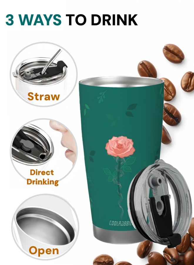 كول رابي كوب سفر معزول بالتفريغ من الفولاذ المقاوم للصدأ سعة 20 أونصة مع ماصة وفرشاة، كوب قهوة مزدوج الجدار مطلي بالمسحوق مع غطاء، كوب حراري للاستخدام في الهواء الطلق، مناسب للمشروبات المثلجة والساخنة، تصميم على شكل وردة وأوراق (أخضر غامق)، هدية مثالية - Image 3