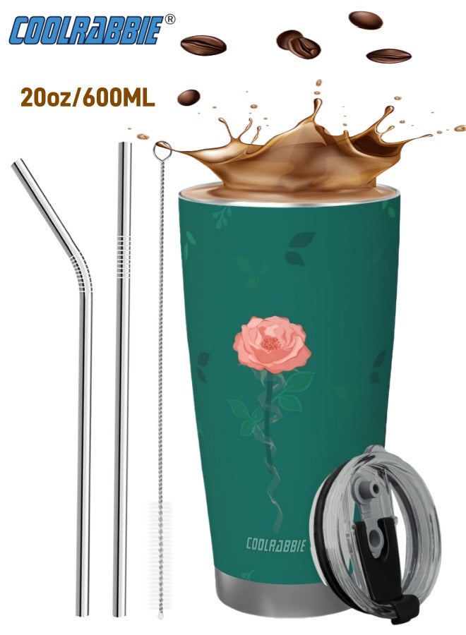 كول رابي كوب سفر معزول بالتفريغ من الفولاذ المقاوم للصدأ سعة 20 أونصة مع ماصة وفرشاة، كوب قهوة مزدوج الجدار مطلي بالمسحوق مع غطاء، كوب حراري للاستخدام في الهواء الطلق، مناسب للمشروبات المثلجة والساخنة، تصميم على شكل وردة وأوراق (أخضر غامق)، هدية مثالية - Image 1