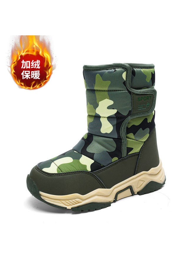 Of Children's Snow Boots, Mid-to-large Size Children's Winter Fleece-lined Warm Cotton Shoes, High-top Camouflage Children's Big Cotton Boots
