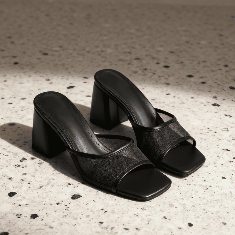 Mattiventon Black Summer Heels Heeled Sandals for Women Mesh Slide Sandals Square Open Toe Mules Chunky Heels Slip On Dress Shoes - Image 4