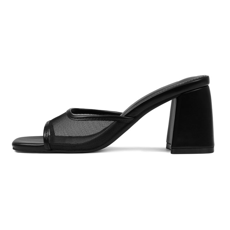 Mattiventon Black Summer Heels Heeled Sandals for Women Mesh Slide Sandals Square Open Toe Mules Chunky Heels Slip On Dress Shoes - Image 1