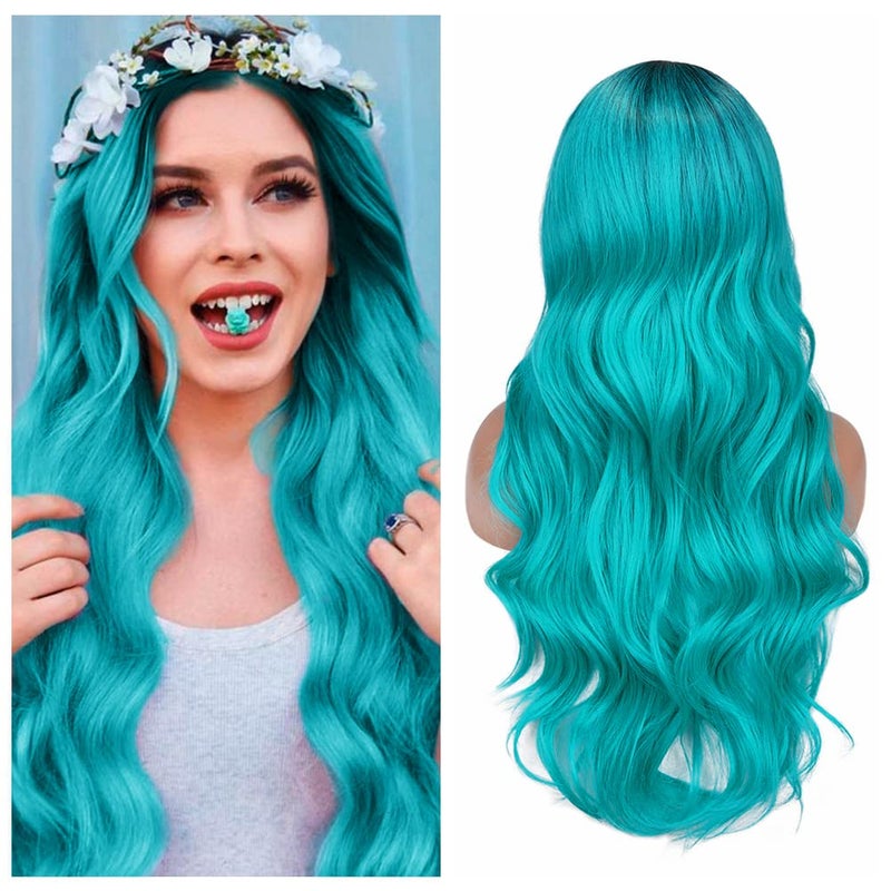 Quantum Love Ombre Bluish Green Wigs Long Curly Wavy Teal Blue Side Part Wig 2 Tones Dark Roots Synthetic Daily Party Cosplay Wigs for Women