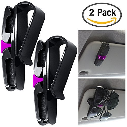 FineGood 2 Pack Glasses Holders for Car Sun Visor, Sunglasses Eyeglasses Mount with Ticket Card Clip - Black + Pink - Image 3