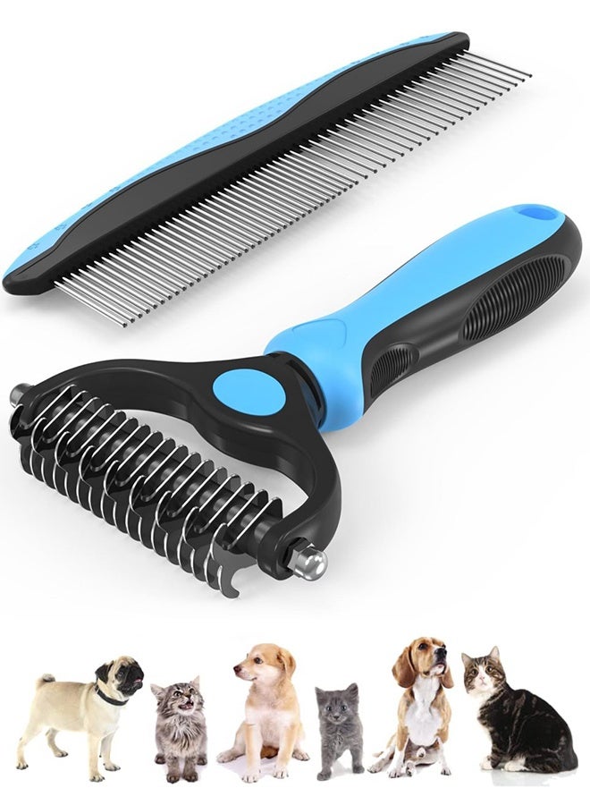 Pet Grooming Combo Blue Deshedding Brush with Metal Comb for Detangling and Dematting Long, Matted Fur on Cats and Dogs - Image 1