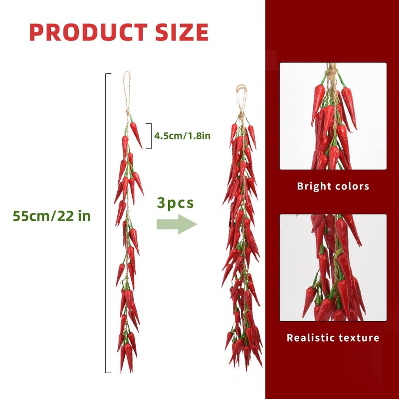 VIOCIWUO 3Pcs Artificial Red Peppers  Simulation Lifelike Vegetable Fake Hanging Chili Pepper String Fruit Garland Vine for Home Kitchen Farm Party Wall Decoration  Red. - Image 2