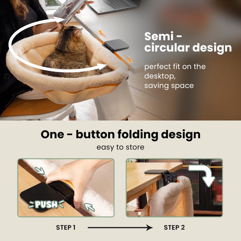JUNSPOW Cat Desk Bed - One-Click Folding,Sunken Design & Space-Saving Semi-Circular Cat Bed, Soft Faux Rabbit Fur Material, Suitable for Various Desktops-Maximum Hold Up to 40lb - Image 4