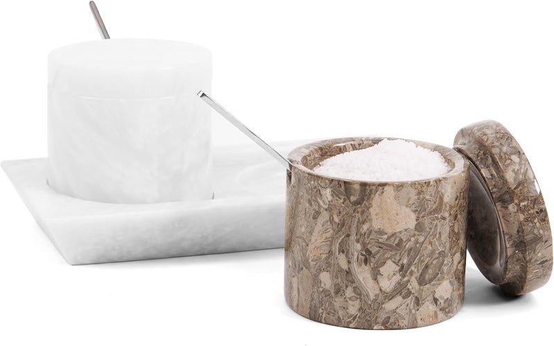 RADICALn User feedback upgraded quality White & Oceanic Marble Salt Cellar Set of 2 with Tray & Lids, 3 Inch Handmade Natural Stone Salt & Spice Containers for Kitchen Countertop Storage, Luxury Kitchen Decor Accessory Compact design - Image 1