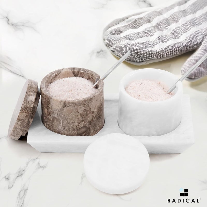 RADICALn User feedback upgraded quality White & Oceanic Marble Salt Cellar Set of 2 with Tray & Lids, 3 Inch Handmade Natural Stone Salt & Spice Containers for Kitchen Countertop Storage, Luxury Kitchen Decor Accessory Compact design - Image 2